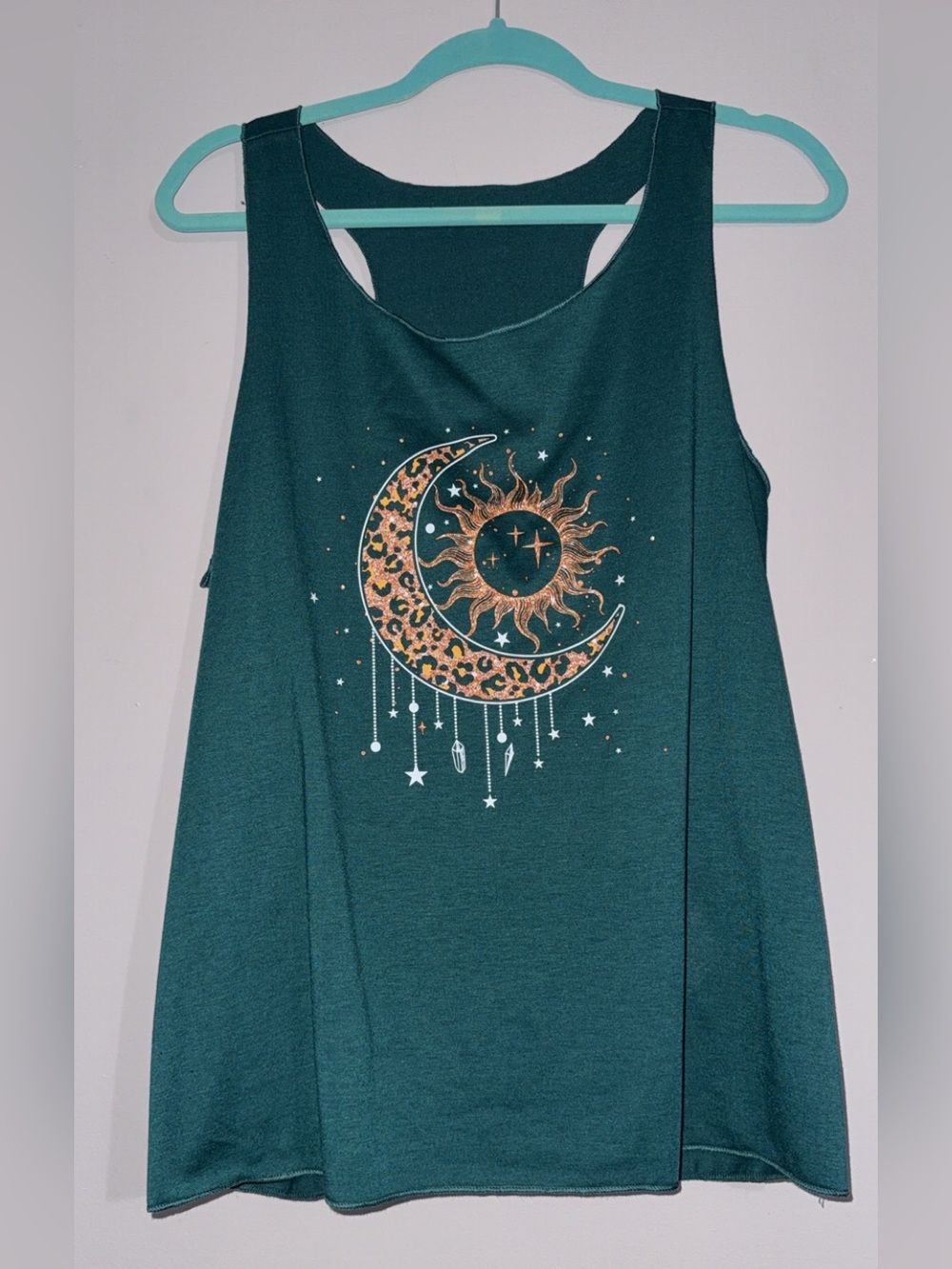 Teal Tank Top with Sun, Moon & Leopard Accent